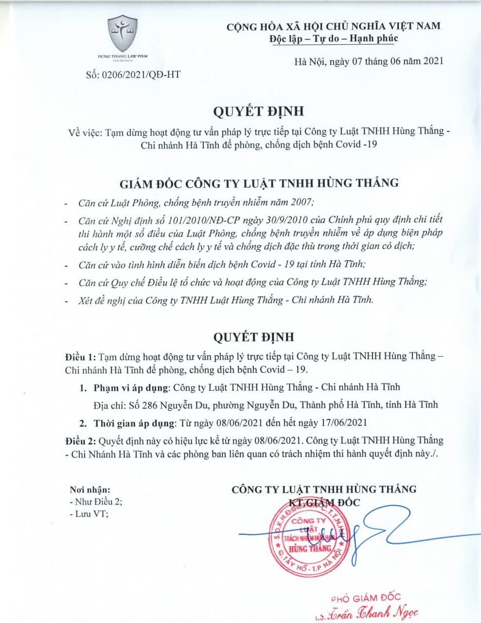 Quyết định tạm ngừng hoạt động tư vấn pháp lý trực tiếp - Chi nhánh Hà Tĩnh